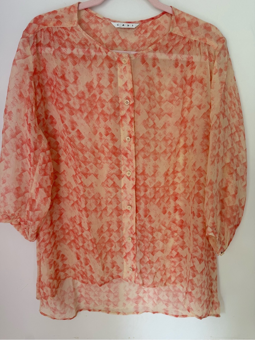 CAbi Silk Blouse Pink Cream Sheer Button Front Top Flowy